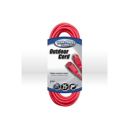 Southwire SJTW Extension Cord, 14 AWG, Outdoor, 14/3, 1 Outlets, 5-15R, Red, Vinyl, 5-15P, 25 ft 02407-8804
